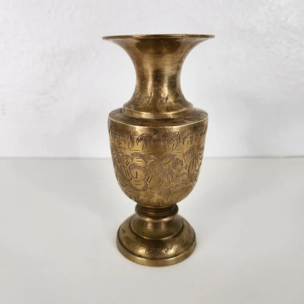 VTG Etched Brass Bud Vase Floral Design Made in India Boho Mediterranean